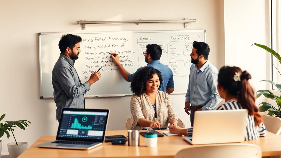 Diverse team blending whiteboard ideas with AI tools
