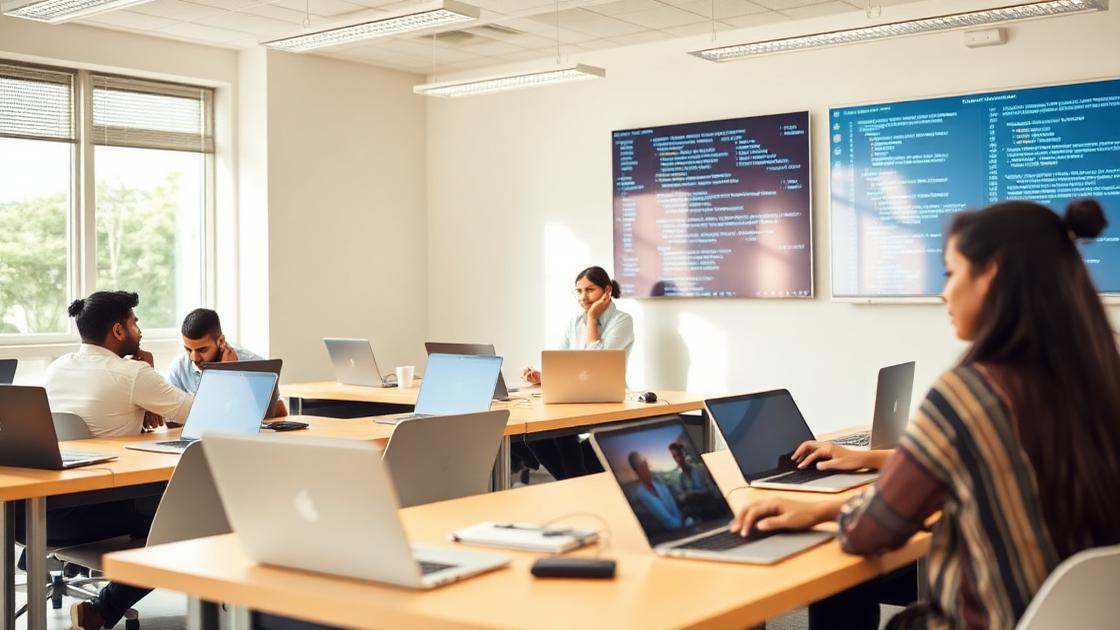 Students learning to code in a modern classroom