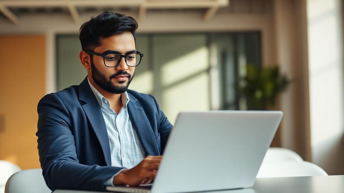 Professional reviewing career growth on a laptop