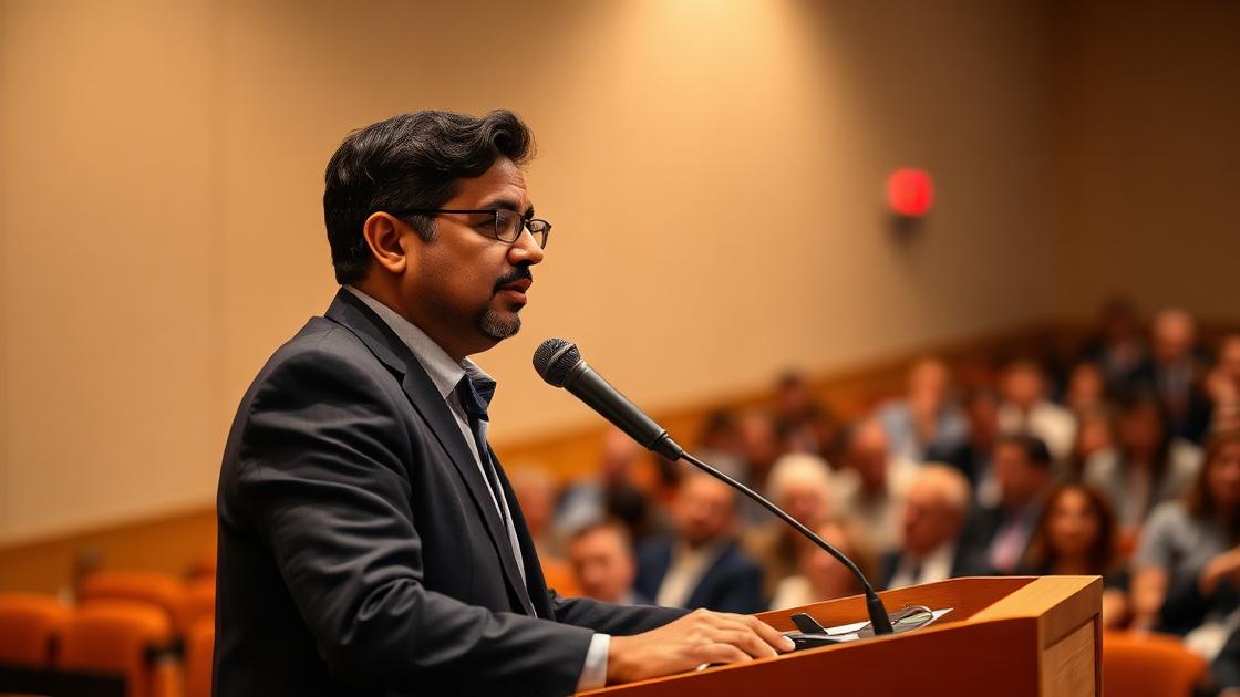 Speaker presenting confidently at a podium
