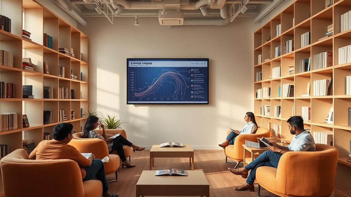 Modern corporate learning hub with people reading