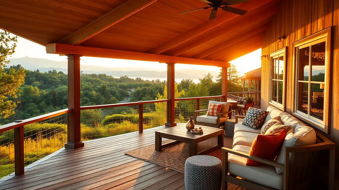 Scenic retreat deck overlooking greenery at golden hour