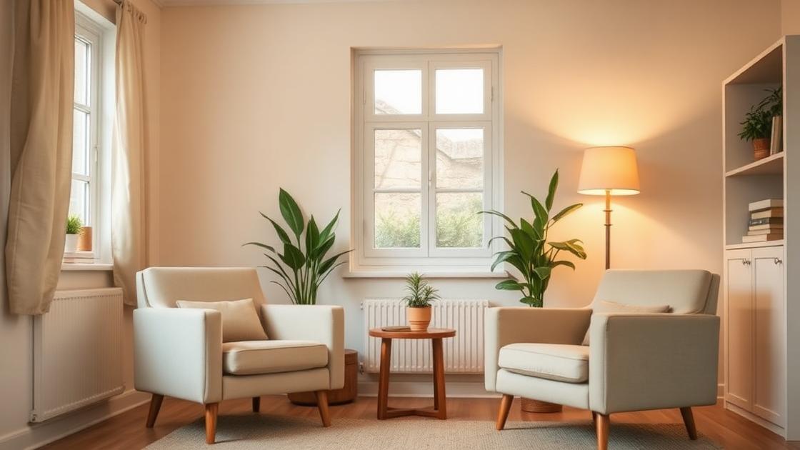 Calm therapy room with two armchairs and warm lamp
