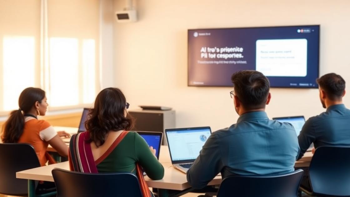 Participants in an AI training session with laptops