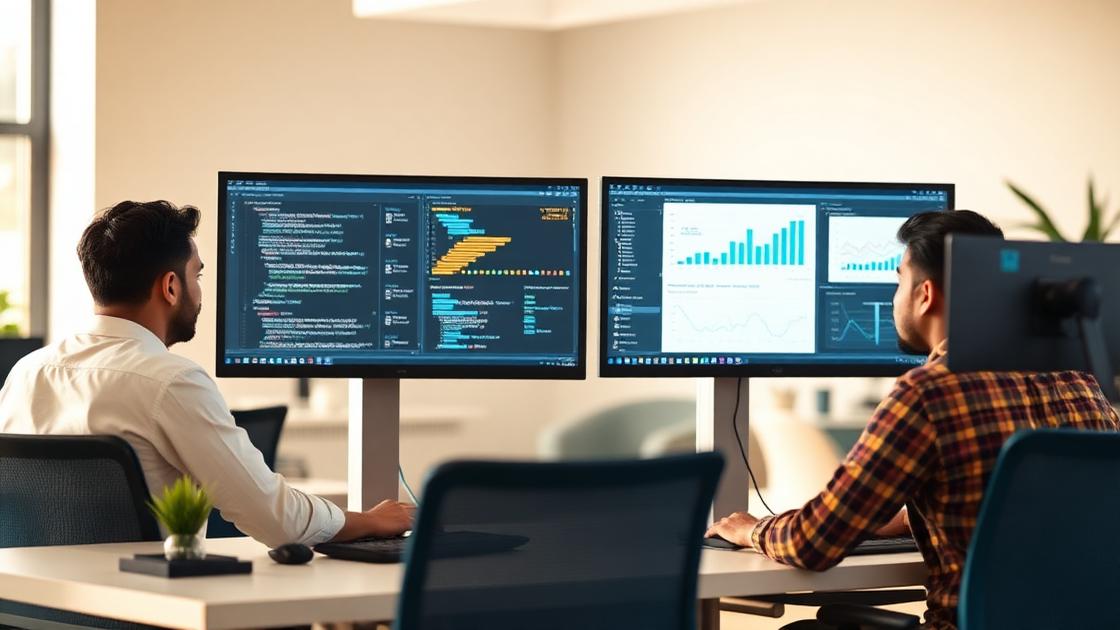 Developers collaborating at dual monitors