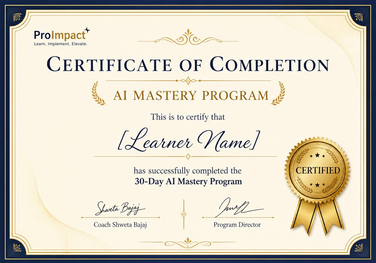 Sample ProImpact certificate of completion signed by Coach Shweta Bajaj