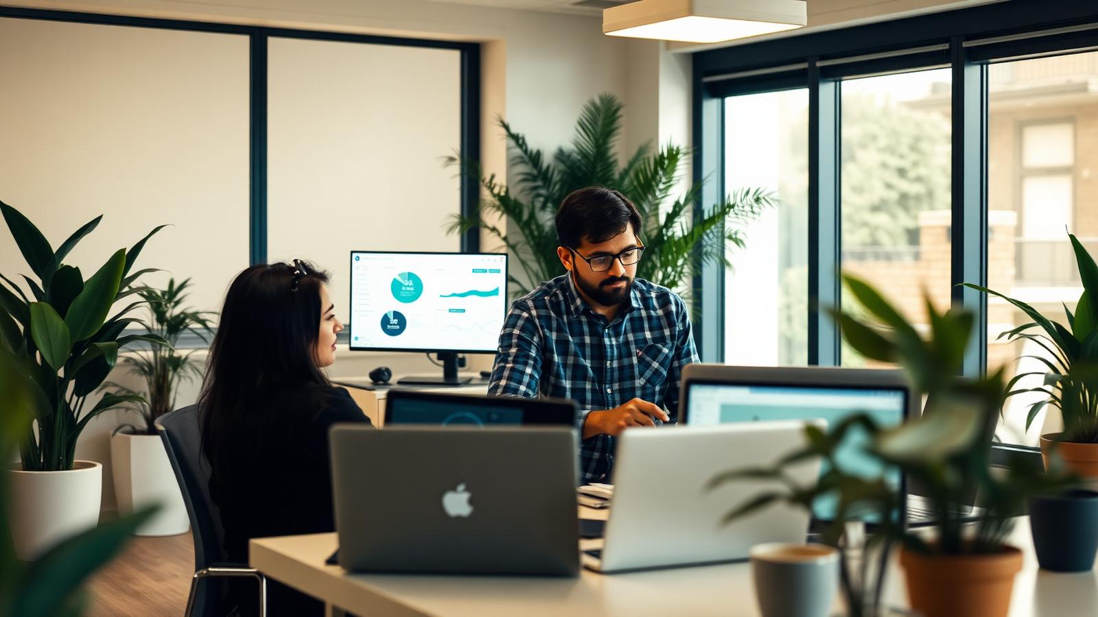 Professionals working with AI tools and data dashboards