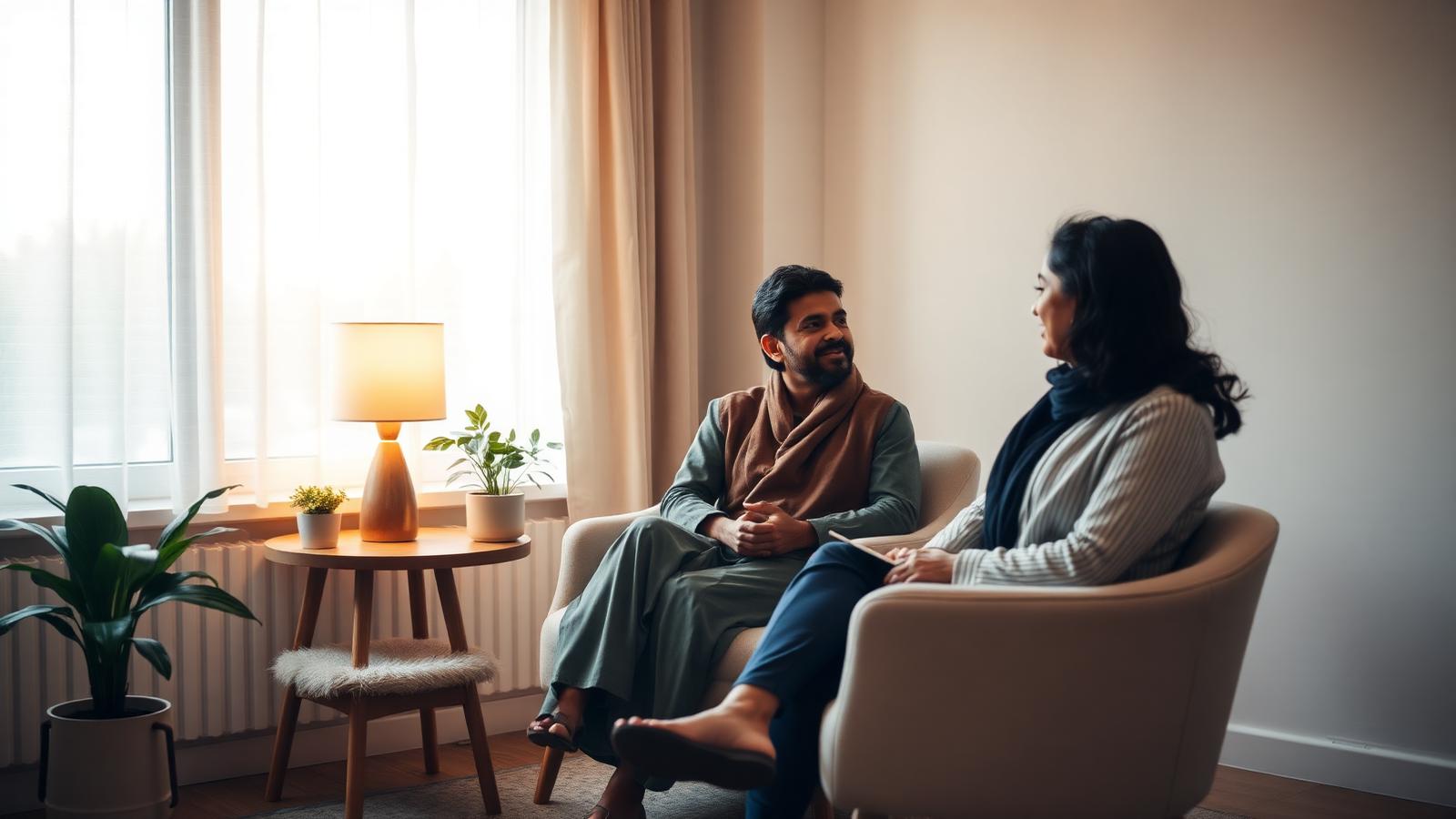 Empathetic counseling session in a calming room